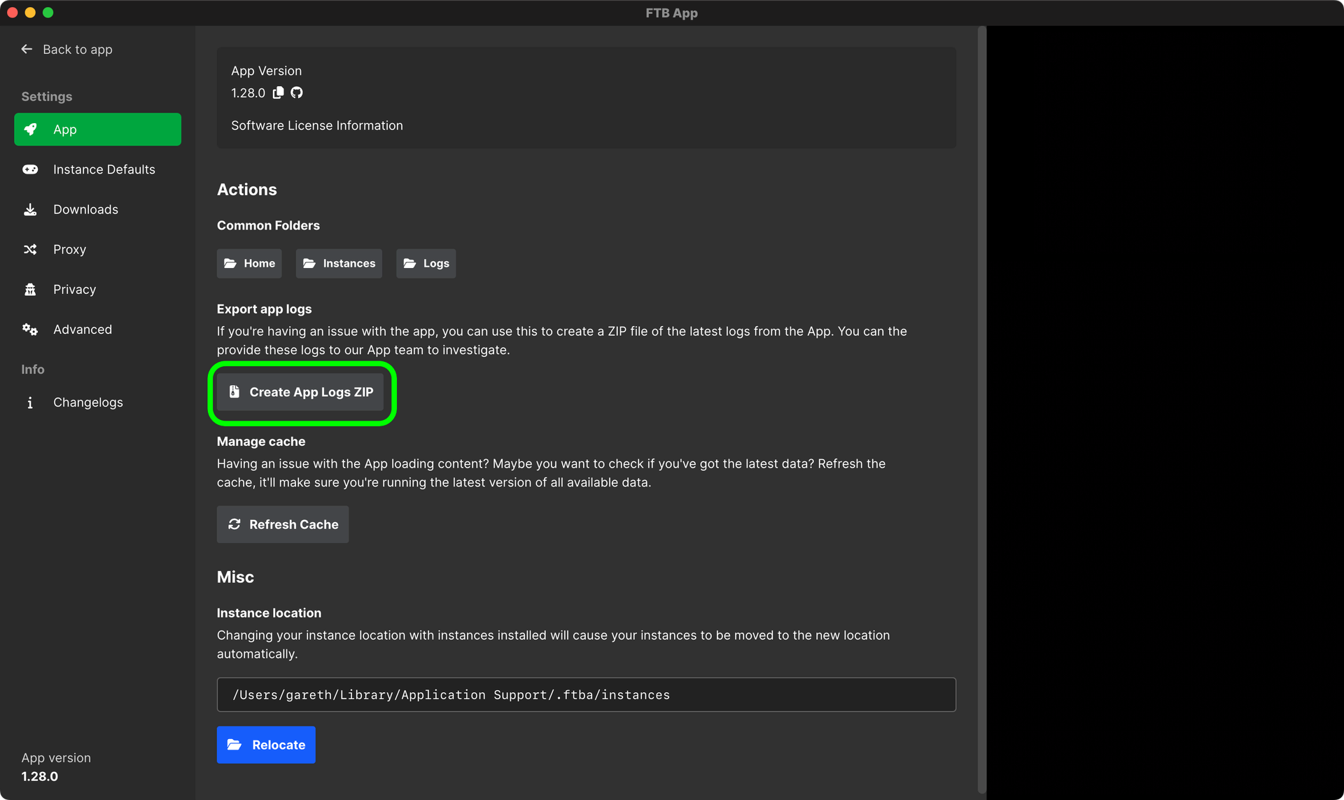 FTB App's settings screen showing the upload logs button