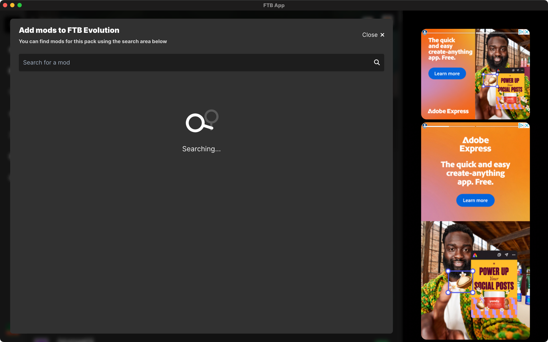 The FTB App's Add Mods Page
